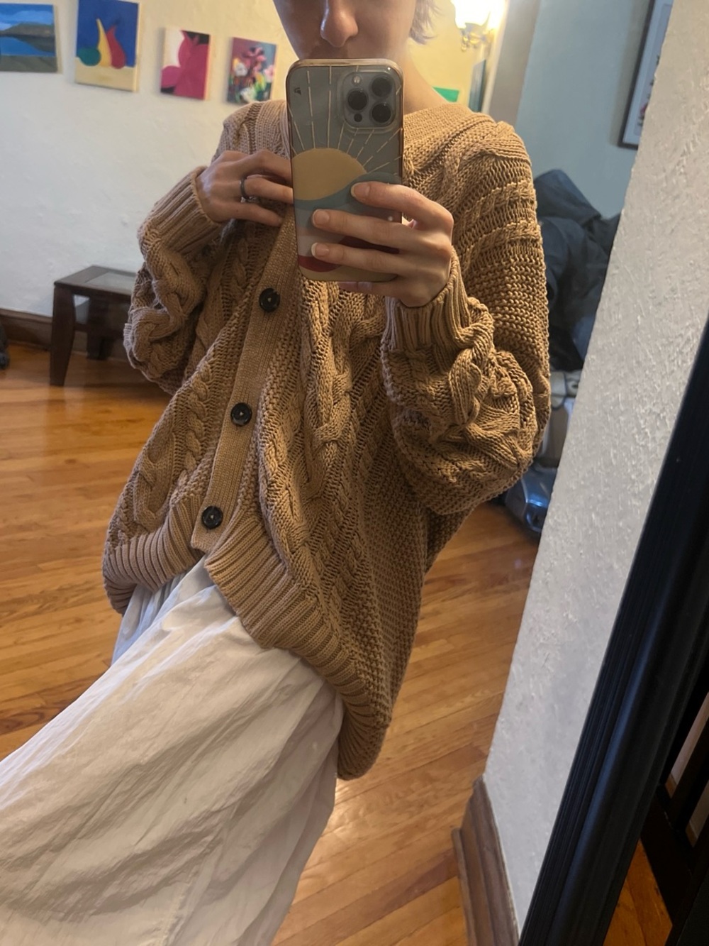 Quince Camel Cable Knit Button-Front Cardigan